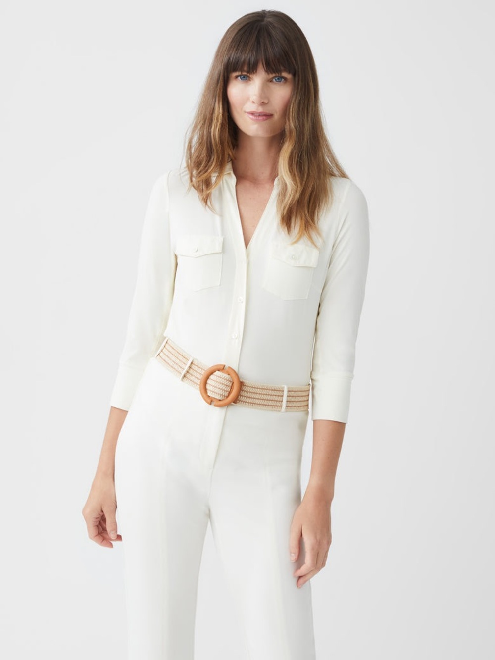 J.McLaughlin Brynn Lyford Jersey Shirt Off White XS Stretch Button Front Top
